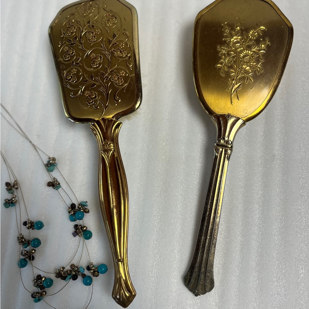 Vintage Gold Hair Brushes Vanity Tray Decor Boudoir Hand Brush Set